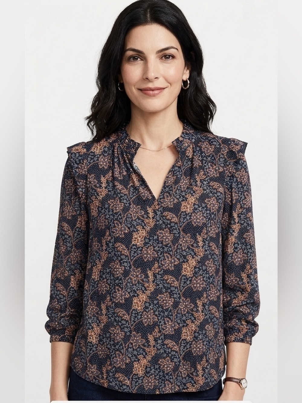 LOFT Navy Floral V-Neck Long Sleeve Blouse Small